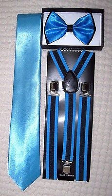 Turquoise French Blue Black Checkered Bow Tie,3" Neck Tie,&Adjustable Suspenders