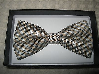 BROWN BEIGE WHITE PLAID TUXEDO ADJUSTABLE  BOW TIE BOWTIE-NEW!PLAID BOW TIE