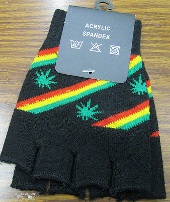 GREEN MJ WEED LEAVES RASTA STRIPES KNIT FINGERLESS GLOVES WINTER WOMENS MEN