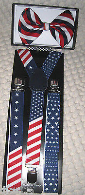 US Flag American Flag Suspenders & Red,White,Blue Stripes Adjustable Bow Tie-New