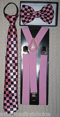 KidsTeens PINK Adjustable Bow Tie,Pink Neck Tie&Pink YBack adjustable Suspenders