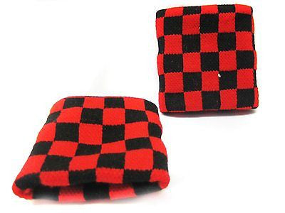 Red and Black Checker Checkered Wristbands Sweatbands PAIR-Brand New!