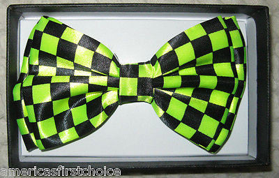 Neon Green Texedo Bow Tie & Green Checkers Adjustable Suspenders Combo-New