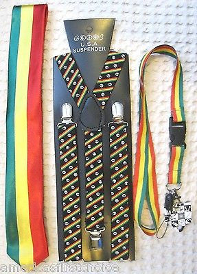Rasta Stripes NeckTie &  Rasta Stripes with MJ Marijuana Leaves Suspenders-New