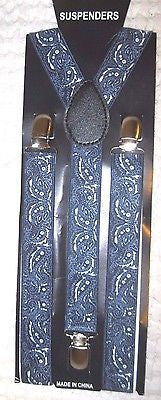 Unisex Men Navy Blue White Bandanna Paisley Y-Back Adjustable Suspenders-New!