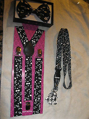 Unisex Black White Musical Notes Suspenders,Lanyard&matching Bowtie Bow Tie-New!