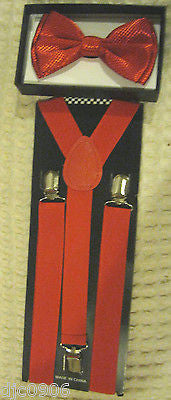 Solid Red Diamond Mesh Pattern Bow Tie & Solid Red Y-Back Suspenders Combo Set