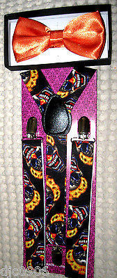 Solid ORANGE Adjustable Bow Tie & Crazy Clowns Flames Hair Suspenders Combo-New