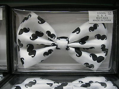 WHITE WITH BLACK  MUSTACHES ADJUSTABLE  BOW TIE-NEW GIFT BOX!