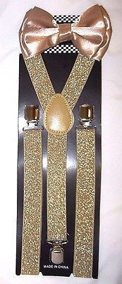 Champaign Gold Black Tips Adjustable Bow tie & Glittered Adjustable Suspenders