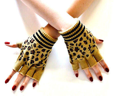 CHEETAH LEOPARD PRINT BROWN BEIGE/TAN FINGERLESS GLOVES KNIT SAFARI ANIMAL-NEW!