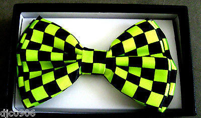 LARGE BLACK AND NEON GREEN CHECKERED ADJUSTABLE BOWTIE  BOW TIE-NEW GIFT BOX!