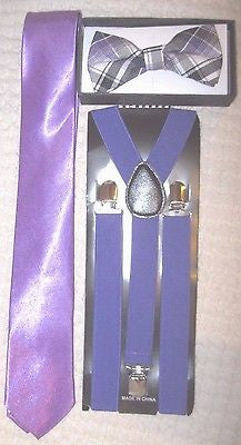 BG Purple Black PLAID Adjustable Bow tie and Light Purple Suspenders Combo-New!