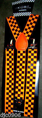 Neon Orange Adjustable Bow tie & Neon Orange Checkered Suspenders Combo-New!V2