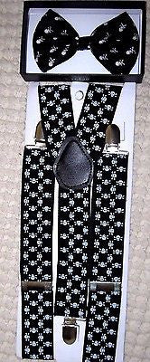 Unisex Skulls&Crossbones Adjustable Bow tie & 1 1/2" WIDE Adjustable Suspenders7