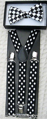 Black& White Diamonds Bow Tie & Black White Diamonds Adjustable Suspenders Set