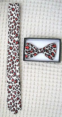 Red Leopard Cheetah Animal Print Adjustable Bow tie & Red Leopard Necktie Combo