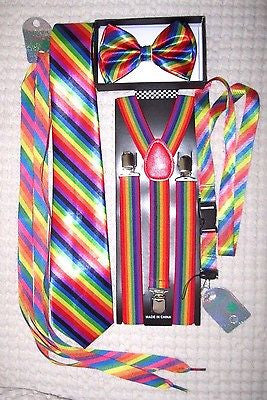 Unisex Rainbow Stripes Adjustable Bow tie,Neck Tie,Suspenders,Lanyard,Shoelaces