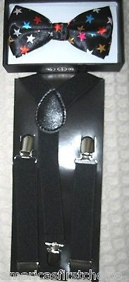 Kids Black Beige Red Plaid Bow Tie & Beige Y-Back Adjustable Suspenders Combo
