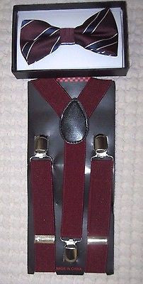 Kids Teens Burgundy Stripes Adjustable Bow Tie&Teens Burgundy Y-Back Suspenders