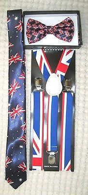 UK British Flag Y-Back Suspenders,UK Skinny Neck Tie & UK British Bow Tie-A1