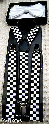 WHITE TUXEDO ADJUSTABLE BOW TIE+BLACK&WHITE CHECKER ADJUSTABLE SUSPENDERS COMBO!