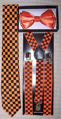 Orange Bow tie,Orange&Black Checkered Necktie,and Orange Checkered Suspenders-V2