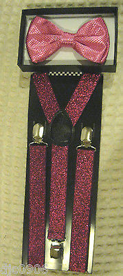 Solid Pink Diamond Mesh Pattern Bow Tie & Pink Glitter Y-Back Suspenders Set