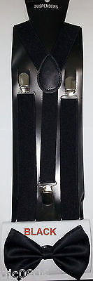 Solid Black Adjustable Bow Tie & Solid Black Adjustable Suspenders Combo-New!V2