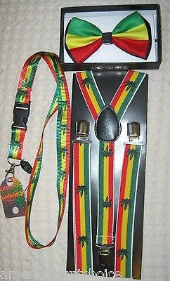 Rasta Stripes NeckTie &  Rasta Stripes with MJ Marijuana Leaves Suspenders-New