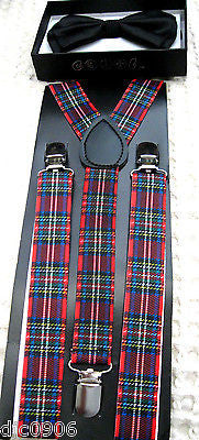 SOLID BLACK TUXEDO ADJ BOW TIE+RED BLUE PLAID ADJUSTABLE SUSPENDERS COMBO!!