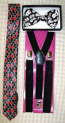 Poker Player Cards Adjustable Bow Tie,Black 1 " Suspenders,and Poker Neck Tie-v4