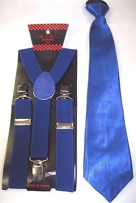 Kids Teens Blue Pre-Tied NeckTie & Blue Adjustable Suspenders Combo Set-New!V2