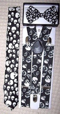 Unisex Small Skulls,Multi Skulls Neck Tie,& Wide Skulls Suspenders Combo-New!v5