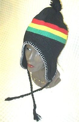 Rasta Red,Yellow,Green Stripes Winter Knitted Skull Beanie Ski Laplander Cap!