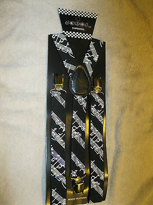 Black White MUSICAL NOTES PIANO KEYS Suspenders and matching Bowtie Bow Tie-New!