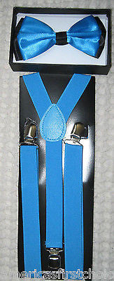 BLUE BLACK PLAID TUXEDO BOW TIE+ BLUE ADJUSTABLE SUSPENDERS COMBO SET-NEW!V2