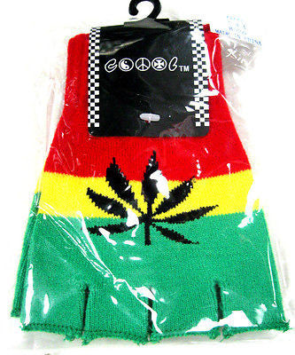 RASTA RED YELLOW GREEN STRIPES MJ LEAF KNIT FINGERLESS GLOVES WINTER WOMENS MEN