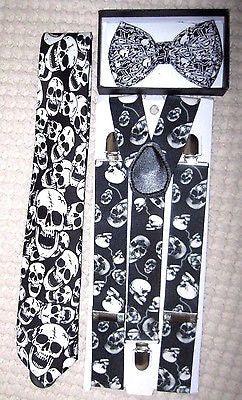 Unisex Small Skulls,Multi Skulls Neck Tie,& Wide Skulls Suspenders Combo-New!v5