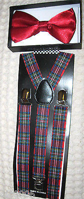 RED TUXEDO ADJUSTABLE BOW TIE+RED BLUE PLAID ADJUSTABLE SUSPENDERS COMBO!!