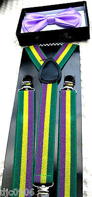 LIGHT PURPLE TUXEDO ADJUSTABLE BOW TIE+MARDI GRAS ADJUSTABLE SUSPENDERS COMBO!