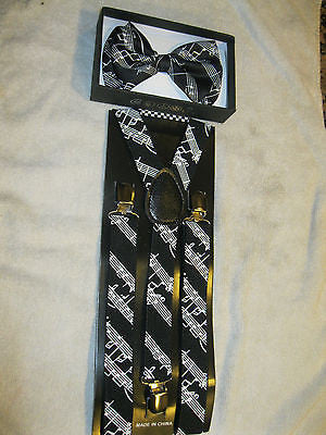 Black White MUSICAL NOTES PIANO KEYS Suspenders + musical notes Bowtie Bow Tie