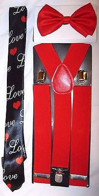 Black with Love and Hearts Necktie,& Solid Red Y-Back Suspenders Set-New!