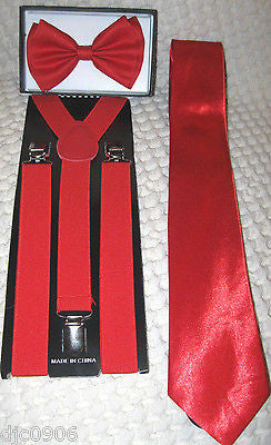 Bright Red Adjustable Bow Ttie,Red Neck Tie & Red Adjustable Suspenders Combo
