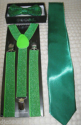 Green Sequin Adj. Bow Tie,Green Adjustable Glittered Suspenders,Green Tie Combo
