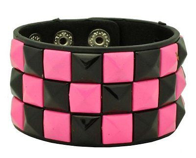 Black and Pink Triple Row Checkered Studded Black Leather Bracelet-Brand New!