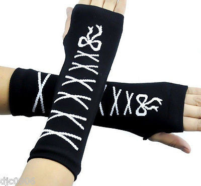 Black with White Laces Ribbons Elastic Fingerless Arm Warmers Elbow Long Gloves