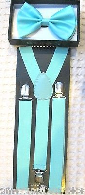 Unisex French Blue Sky blue Bow Tie,Necktie&French Blue/Black Checker Suspenders