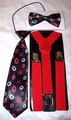 Kids Teens Lips Kisses Bowtie and Necktie with Red Adjustable Suspenders Set