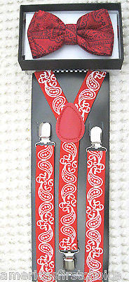 Red Paisley Tuxedo Bow Tie & Red Paisley Adjustable Suspenders Combo Set-New